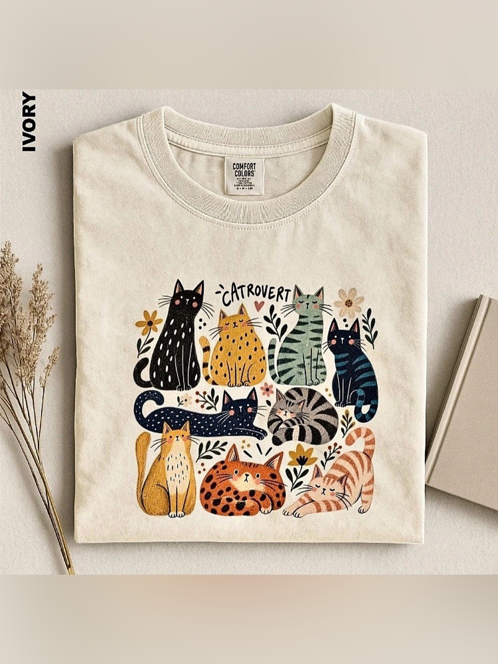 Catovert Cat Shirt, Folk Art Cats Lover Tee, Colorful Kitty Collection Top